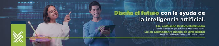 Diseña el futuro con la ayuda de la inteligencia artificial. Lic. en Diseño Gráfico Multimedia RVOE 20210004 (04-02-2021). Modalidad mixta. Lic en Animación y Diseño de Arte Digital RVOE 2019-111 (04-02-2019) Modalidad mixta.